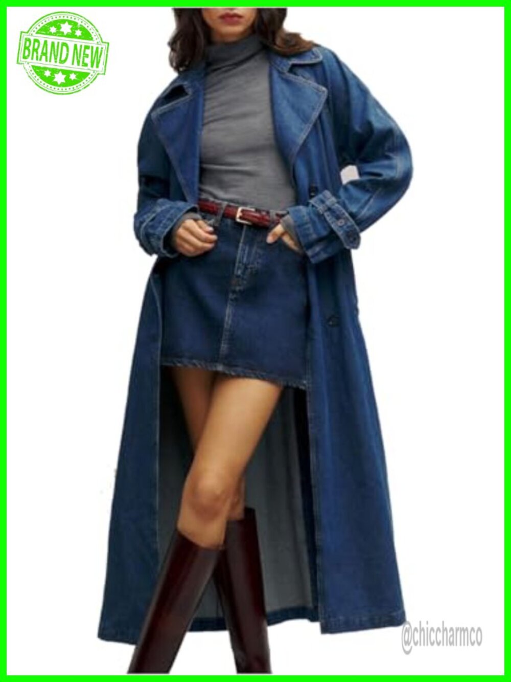 Women's Denim Trench Coat Cotton Polyester Midi Overcoat Double Breasted Notch